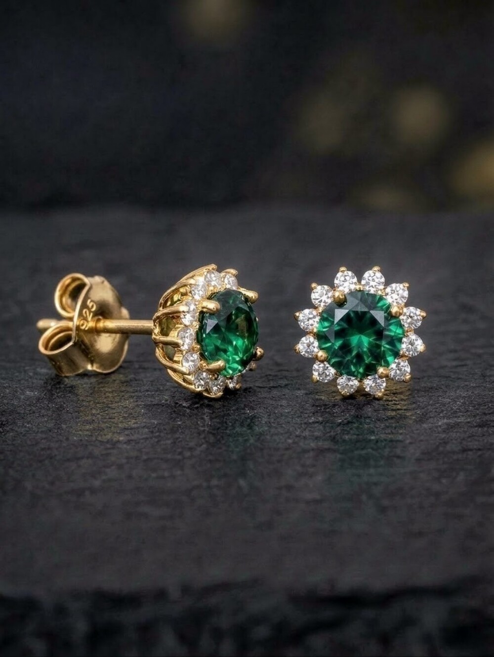 Green Emerald Round Halo Stud Earrings 18K Gold Vermeil | 925 Sterling Silver